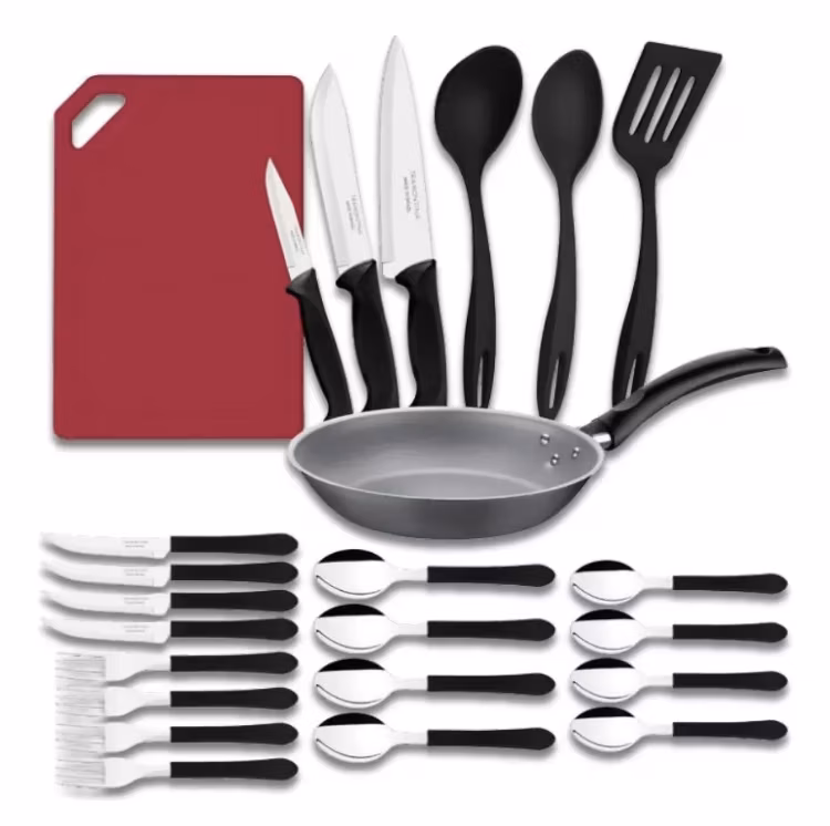 Mercado Libre: tramontina - sartén 20 cm turim con utensilios, cuchillos, set de cubiertos y tabla de cortar, 24 piezas