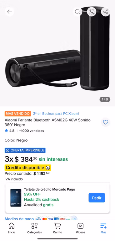 Mercado Libre: Xiaomi Parlante Bluetooth ASM02G 40W Sonido 360° Negro