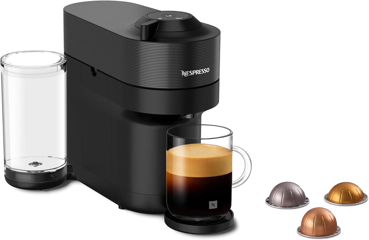 Nespresso Cafetera Vertuo Pop Negra con 12 Cápsulas | Incluye 12 Cápsulas de regalo