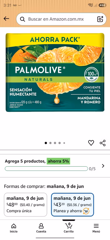 Palmolive Naturals Jabón de Baño Mandarina y Romero en Barra 4 x 120 g | Amazon| Planea y ahorra