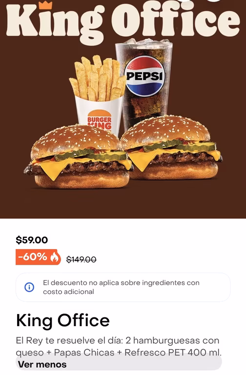 Rappi: Burger King 2 hamburguesas con queso + Papas chicas y un refresco