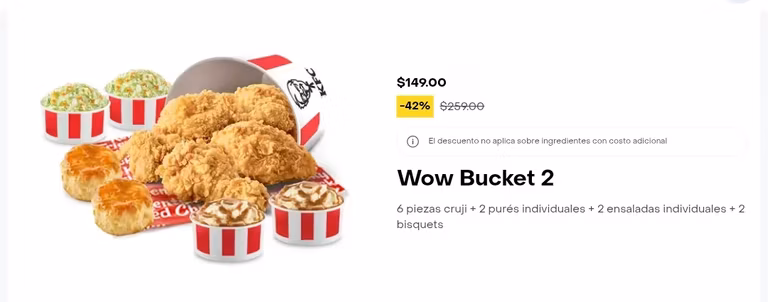 Rappi: KFC: WOW Bucket 2, 6 piezas,2 pures, 2 ensalada y 2 bisquets