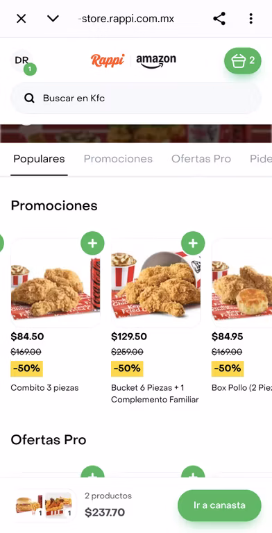 Rappi por Amazon: KFC variedad de productos con el 50% de descuento | Ejemplo: Bucket de 6 piezas