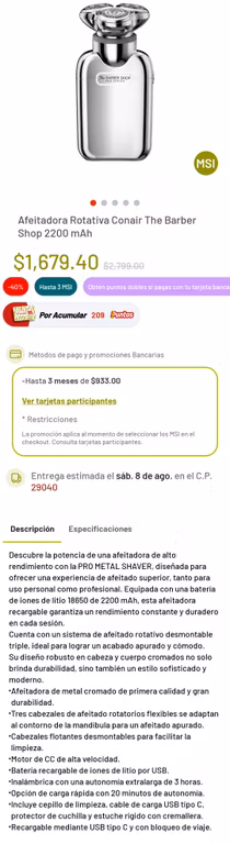 Soriana: Afeitadora Rotativa Conair The Barber Shop 2200 mAh