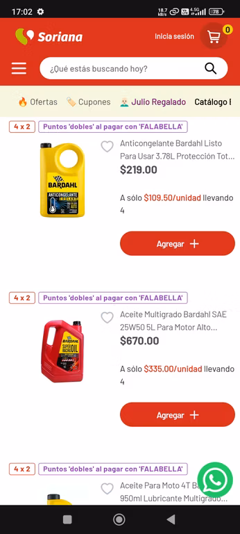 Soriana 4 x 2 llantas, aceites, aditivos y refrigerantes