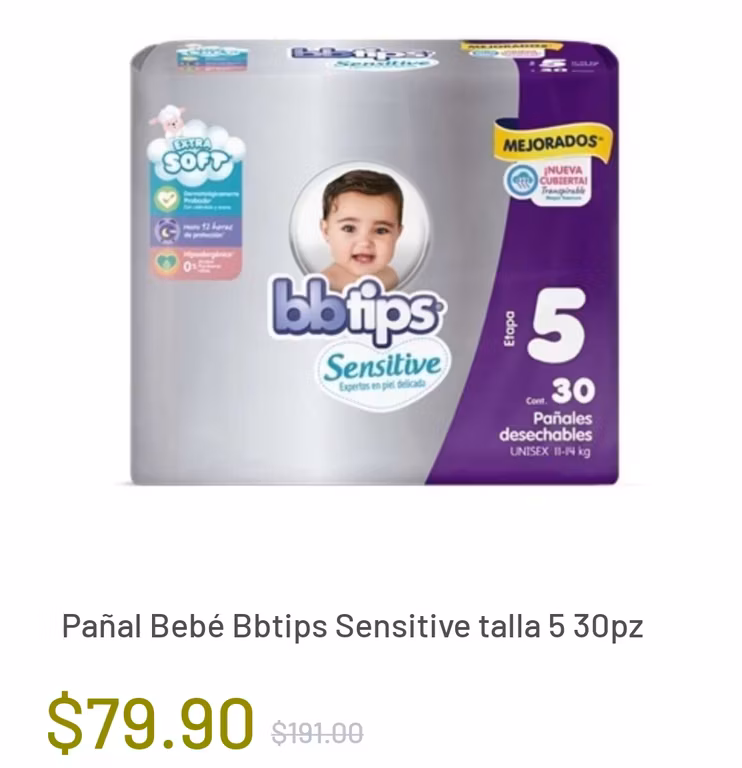 Soriana: Pañal Bebé Bbtips Sensitive talla 5 y 6 30pz