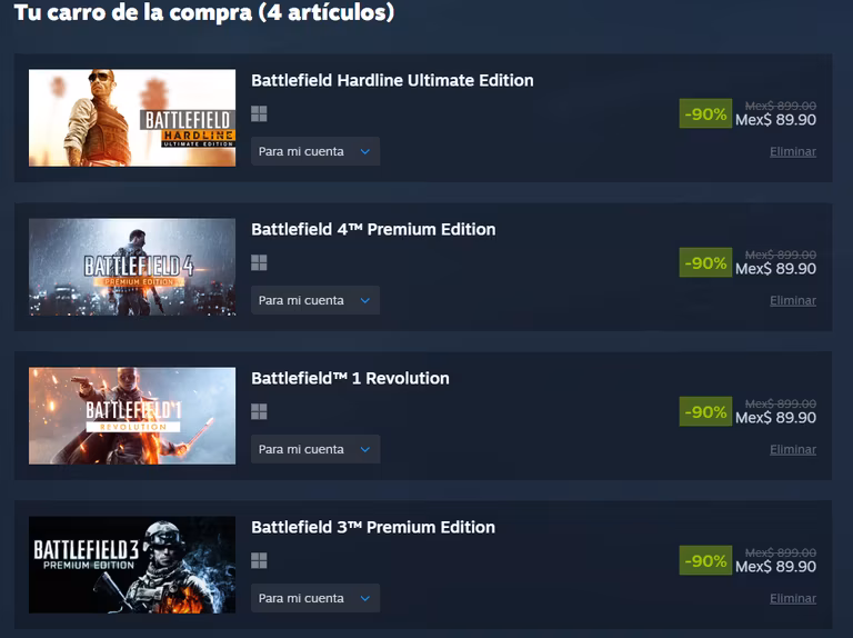 Steam: Battlefield 1, 3, 4 y Hardline a $90 c/u