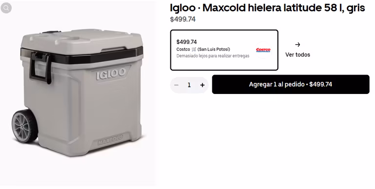 Uber Eats [Costco]: Igloo Hielera de 58 Litros Latitude Gris