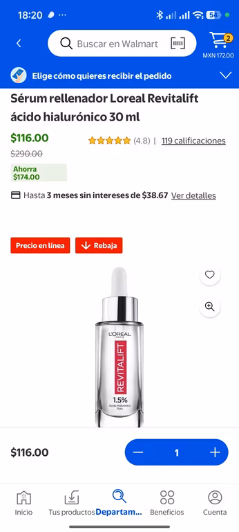 Walmart: 60% OFF en Departamento salud y belleza | Ejemplo: Sérum rellenador Loreal Revitalift ácido hialurónico 30 ml