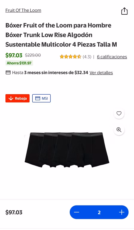 Walmart: Boxer Fruit of the loom para hombre 4 piezas talla M