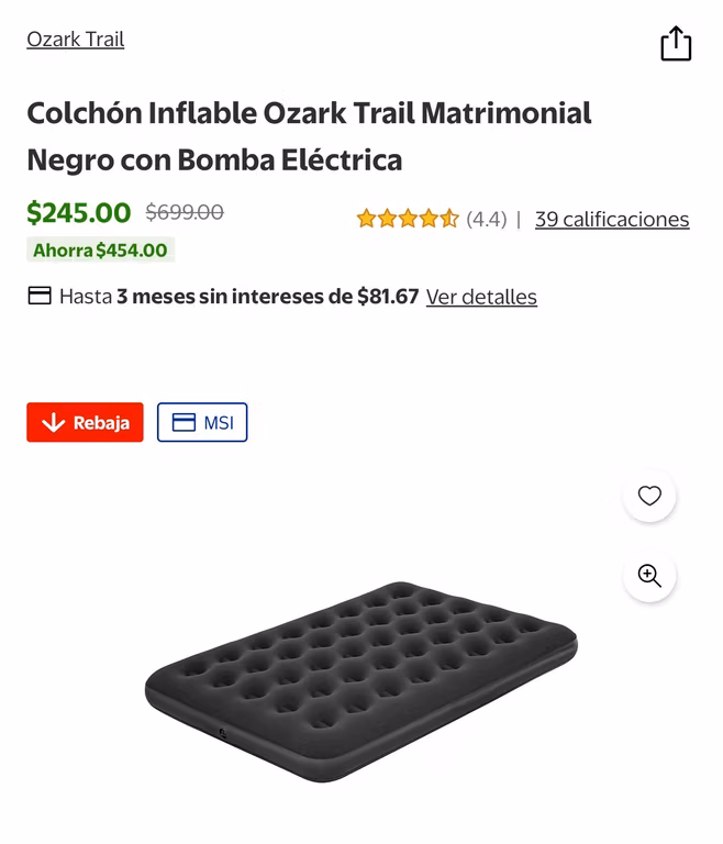Walmart: Colchón inflable Matrimonial con bomba
