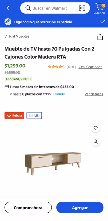 Walmart: Mueble de TV hasta 70 Pulgadas Con 2 Cajones Color Madera RTA