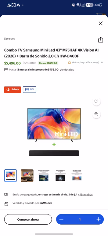 Walmart: Pantalla 43" 2026 mas barra básica