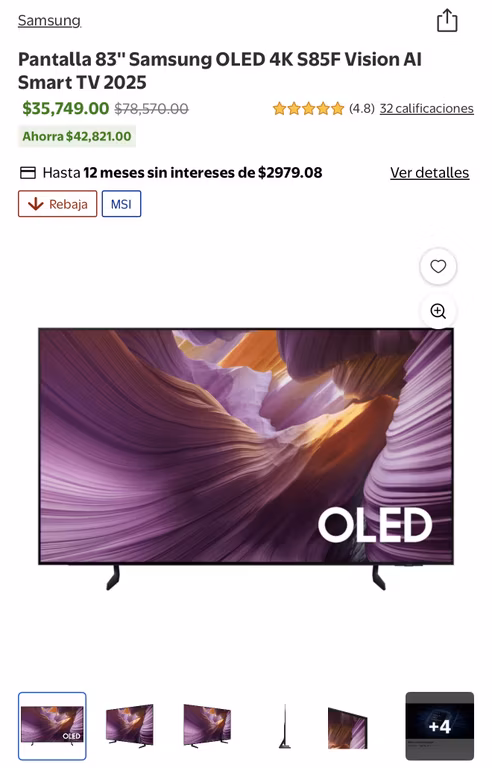 Walmart: Pantalla 83'' Samsung OLED 4K S85F Vision AI Smart TV 2025