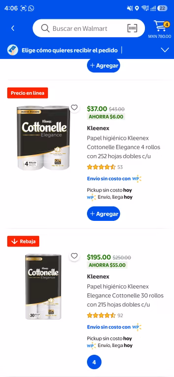 Walmart: Papel higiénico Kleenex Elegance Cottonelle 30 rollos con 215 hojas dobles c/u | (2 x $320 | $160 c/u)