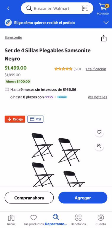 Walmart: Set de 4 Sillas aguantadoras Plegables Samsonite Negro
