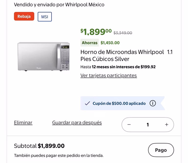 Walmart: Waltmart: Horno de Microondas Whirlpool 1.1 Pies Cúbicos Silver