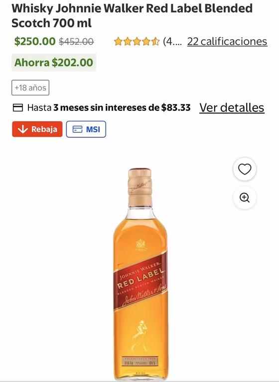Walmart: Whisky Johnnie Walker Red Label Blended Scotch 700 ml